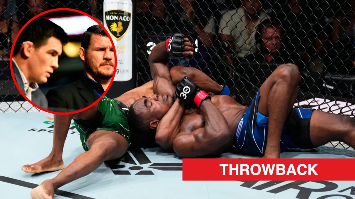 Main: Carlston Harris chokes Jeremiah Wells out with an anaconda choke during their fight at UFC Nashville. Inset: Dominick Cruz and Michael Bispin...