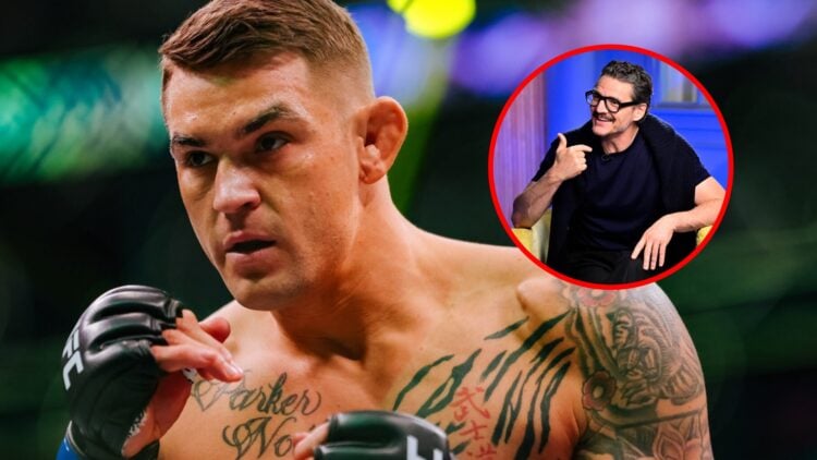 Main: Dustin Poirier during his title fight against Charles Oliveira at UFC 269. Inset: Pedro Pascal is interviewed to promote Fantastic Four.