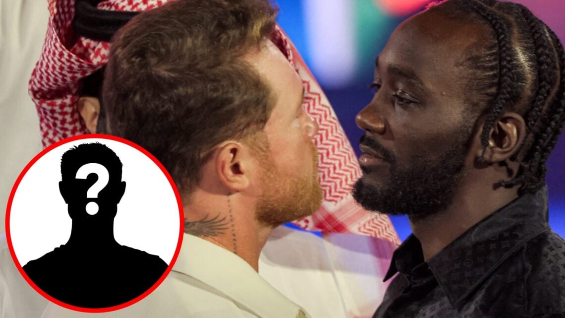 Canelo Alvarez and Terence Crawford face off during a press conference in Riyadh, inset mystery icon