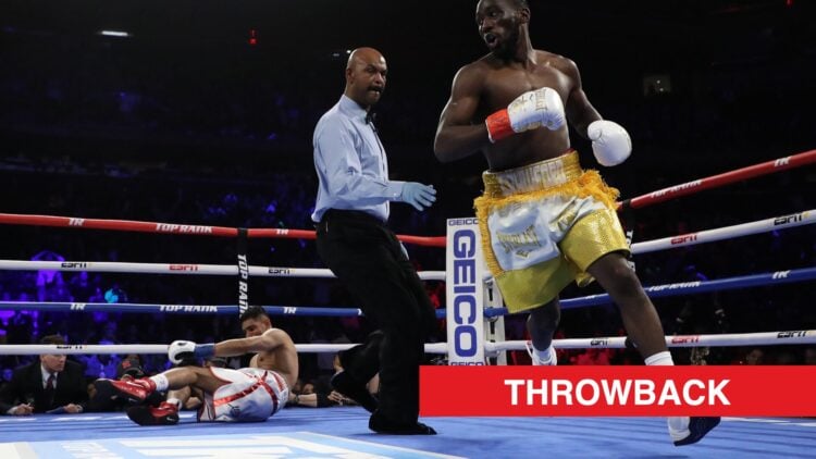 Terence Crawford lands knockdown against Amir Khan during their title fight