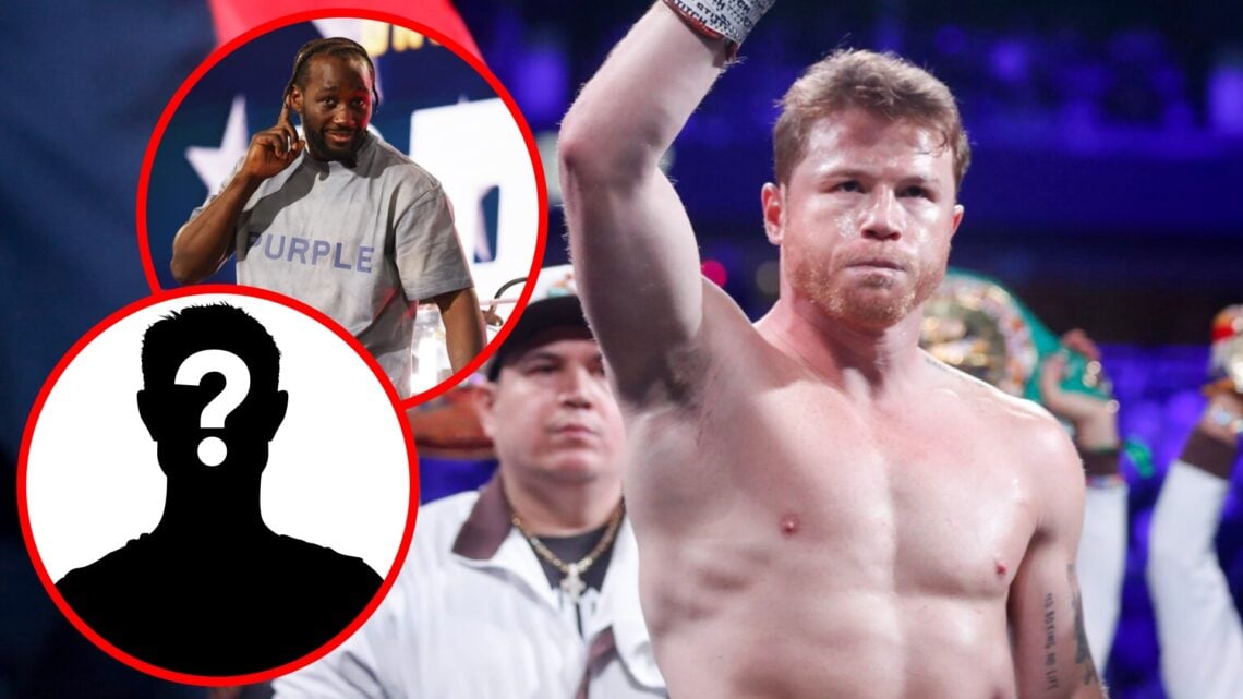 Canelo Alvarez prepares to face Edgar Berlanga, inset Terence Crawford poses on stage at a press conference during Fanatics Fest, mystery icon