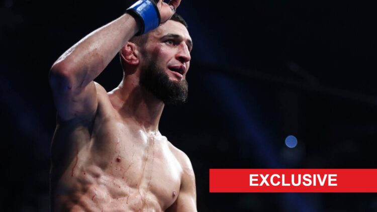 Khamzat Chimaev celebrates on the cage after beating Gilbert Burns at UFC 273, inset exclusive banner