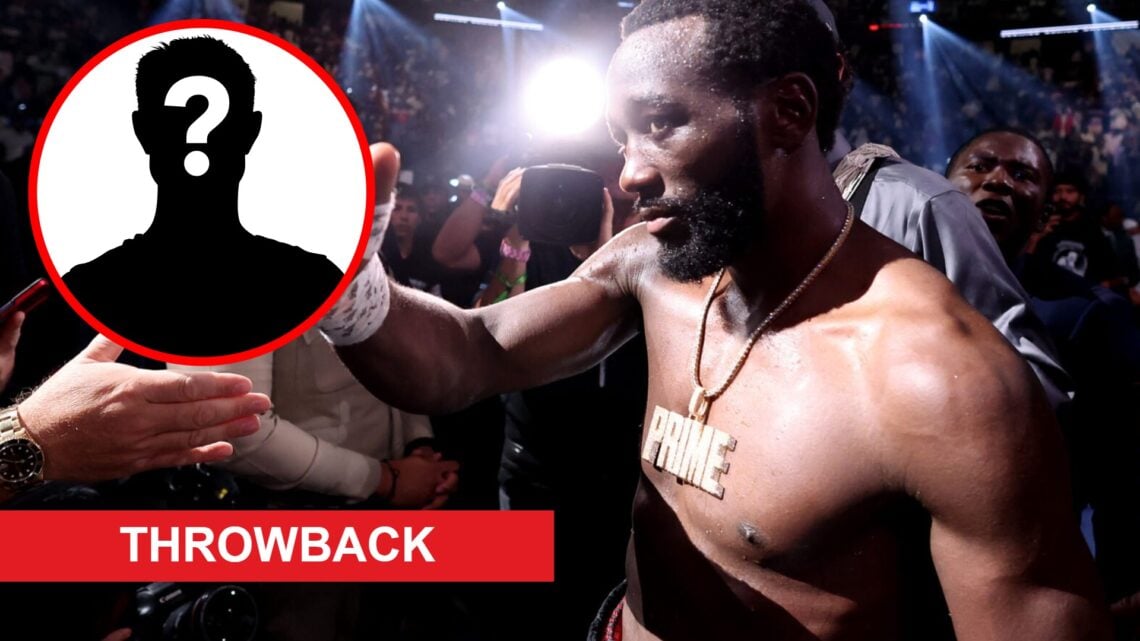 Terence Crawford celebrates after beating Errol Spence Jr., inset mystery icon and throwback banner