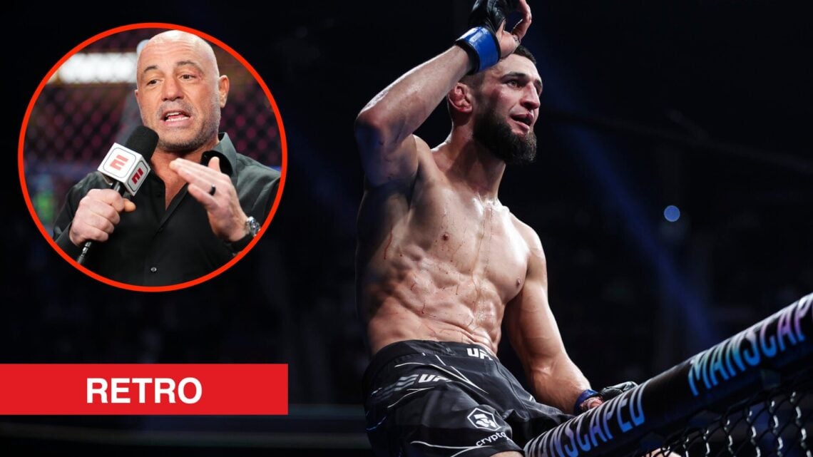 Khamzat Chimaev celebrates his UFC win over Gilbert Burns with an inset of Joe Rogan commentating on the UFC 290 broadcast