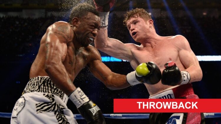 Canelo Alvarez punches Austin Trout in their 2013 bout, inset throwback banner