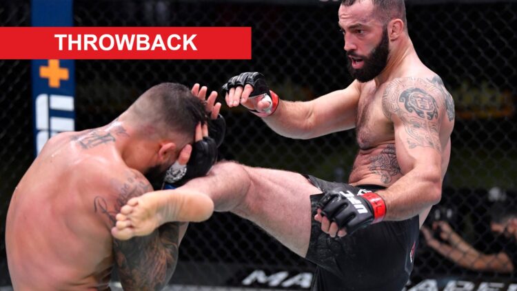 Roman Dolidze kicks John Allan in their fight in 2020