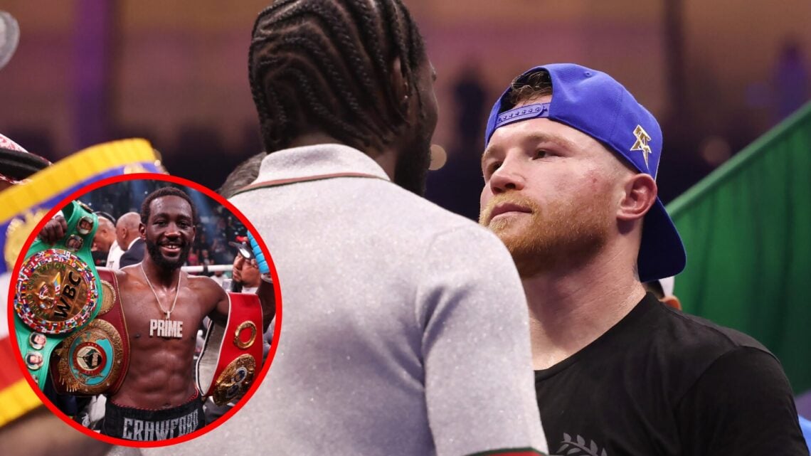 Terence Crawford and Canelo Alvarez face off at Fatal Fury City of Wolves in Riyadh, inset Crawford celebrates after beating Errol Spence Jr.