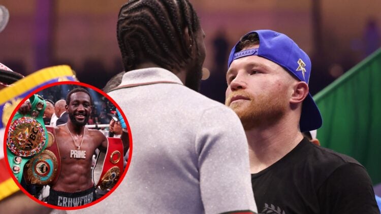 Terence Crawford and Canelo Alvarez face off at Fatal Fury City of Wolves in Riyadh, inset Crawford celebrates after beating Errol Spence Jr.
