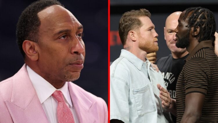 Close-up image of Stephen A. Smith in a pink suit, Canelo Alvarez and Terence Crawford face off at a press conference