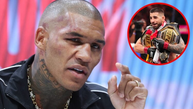 Conor Benn speaks at the post-fight press conference after facing Chris Eubank Jr., inset Ilia Topuria celebrates beating Charles Oliveira by holdi...