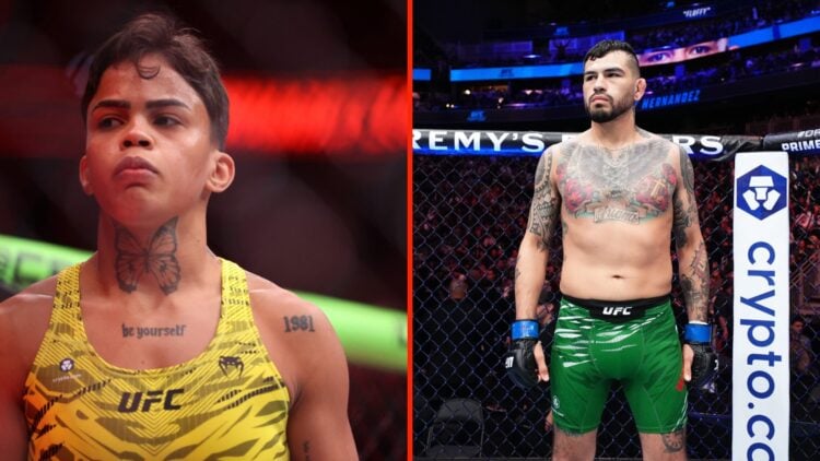 Iasmin Lucindo walks around the octagon at UFC 313 and Anthony Hernandez stands in the octagon before beating Brandan Allen