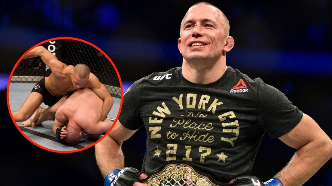 Georges St-Pierre celebrates after beating Michael Bisping at UFC 217 and Georges St-Pierre punches Matt Serra