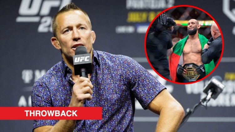 Main: Georges St-Pierre speaks on stage at a fan Q&A session before UFC 290. Inset: Khamzat Chimaev is interviewed by Joe Rogan following UFC 319.