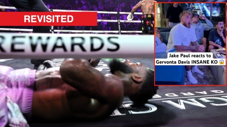 Gervonta Davis celebrates knocking out Frank Martin, inset of Jake Paul's shocked live reaction