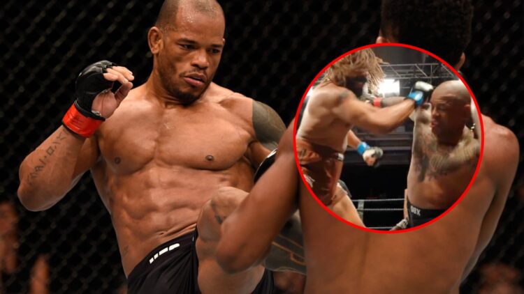 Main: Hector Lombard kicks Neil Magny during their fight at UFC Brisbane. Inset: Hector Lombard is punched by James Cannon during their fight at Di...