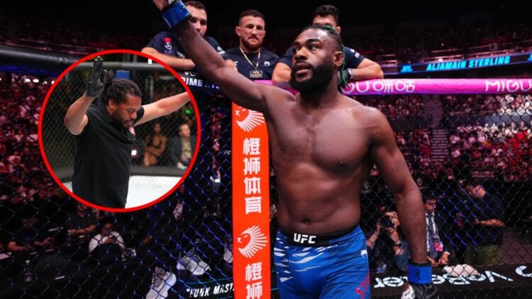 Main: Aljamain Sterling in the cage ahead of his fight against Brian Ortega at UFC Shanghai. Inset: Herb Dean waves off the fight between Cory Sand...