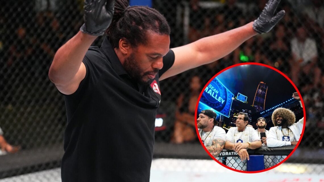 Main: Herb Dean waves off the fight between Cory Sandhagen and Song Yadong at the UFC Apex. Inset: Ray Longo and Aljamain Sterling in the corner of...