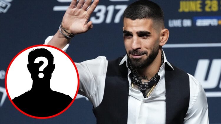 Ilia Topuria waves at the crowd during the UFC 317 press conference, inset mystery icon