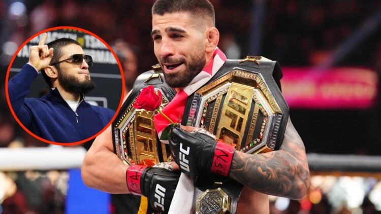 Ilia Topuria celebrates UFC 317 win over Charles Oliveira with inset of Islam Makhachev at the UFC 311 press conference