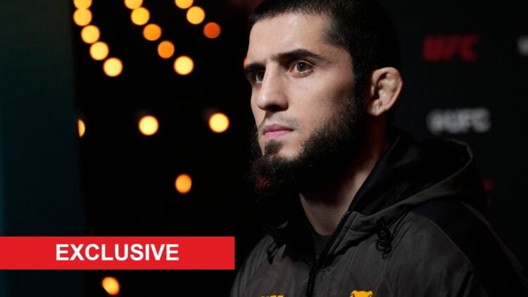 Islam Makhachev looks on backstage at the UFC 311 ceremonial weigh-ins, inset exclusive banner