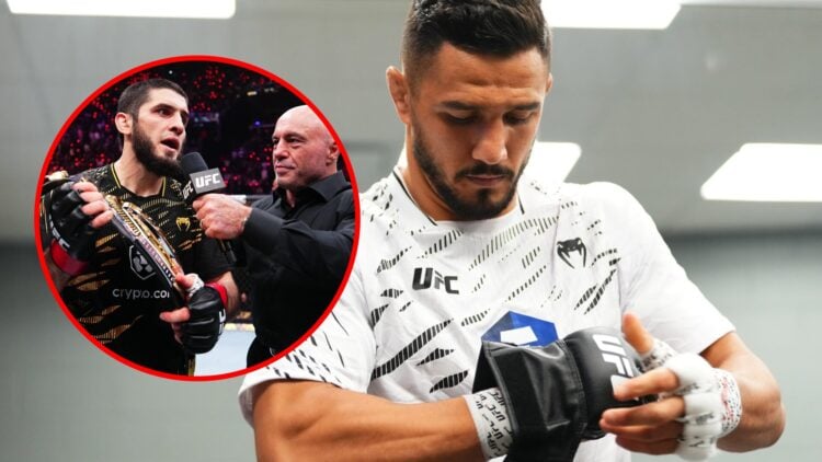 Main: Aaron Pico puts his gloves on backstage while warming up for his UFC 319 debut fight. Inset: Islam Makhachev speaks to Joe Rogan after his su...