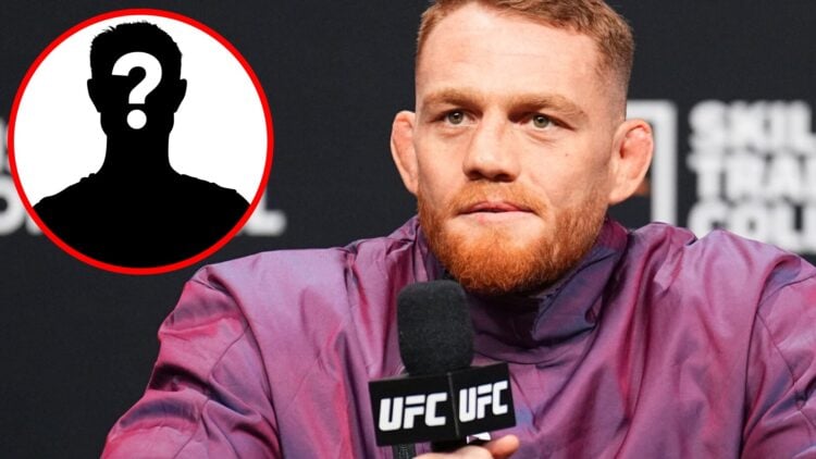 Jack Della Maddalena on stage at the UFC 315 press conference, inset mystery icon