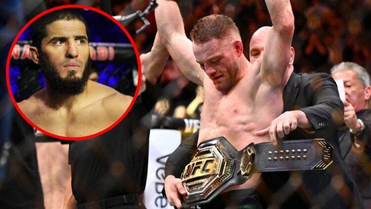 Jack Della Maddalena reacts after beating Belal Muhammad at UFC 315, inset Islam Makhachev prepares to face Alexander Volkanovski at UFC 294