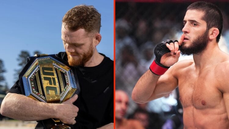 Jack Della Maddalena poses with his UFC title split with Islam Makhachev celebrating UFC 294 win