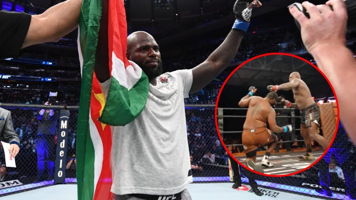 Main: Jairzinho Rozenstruik celebrates after beating Andrei Arlovski in their fight at UFC 244. Inset: Jairzinho Rozenstruik lands a punch on Rakim...