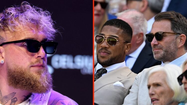Jake Paul during the press conference ahead of his fight against Julio Cesar Chavez Jr split with Anthony Joshua and Eddie Hearn during the 2025 Wi...