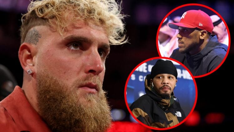 Jake Paul looks on during Katie Taylor vs Amanda Serrano 3, inset Anthony Joshua attends Canelo Alvarez vs William Scull, Gervonta Davis on stage a...