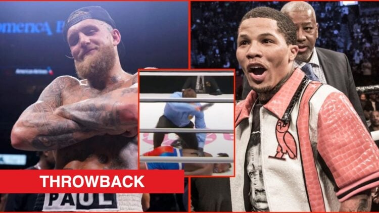 Split image of Jake Paul and Gervonta Davis, inset screenshot of Nate Robinson KO'd during his boxing debut