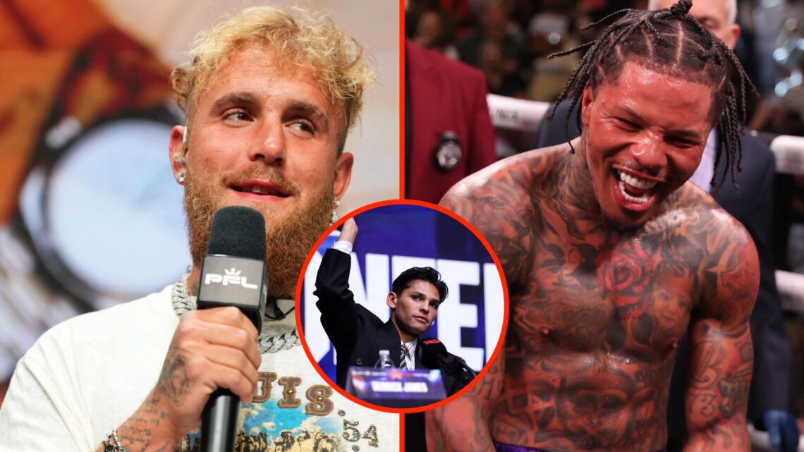 Jake Paul at a PFL press conference (left), Gervonta Davis (right) following his win over Ryan Garcia, Garcia (middle) at the Fatal Fury press conf...