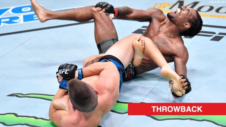 Jamall Emmers screams in pain as Pat Sabatini submits him with a heel hook in their fight at UFC Vegas 35