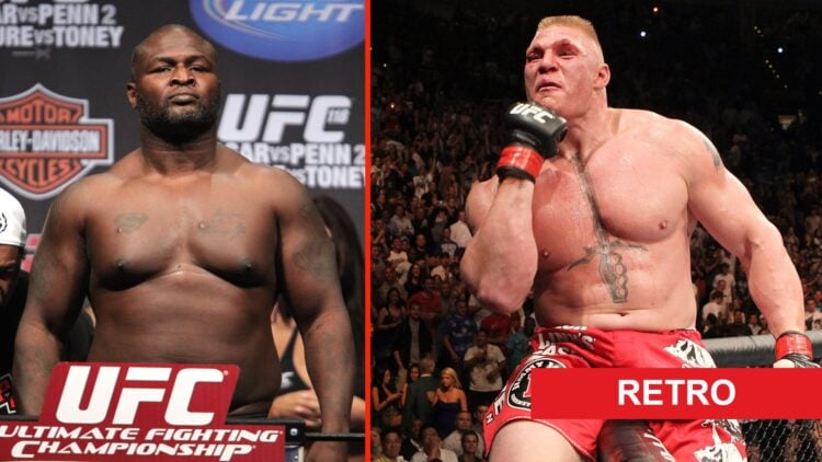 Brock Lesnar climbs the cage at UFC 116 to celebrate his win over Shane Carwin and James Toney at the UFC 118 weigh in