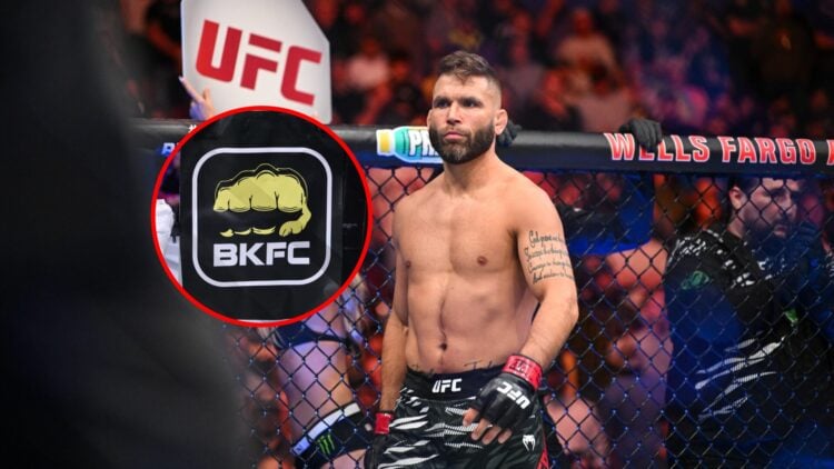 Jeremy Stephens at UFC Des Moines, inset of BKFC logo