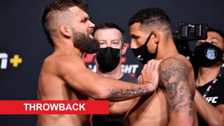 Jeremy Stephens pushes Drakkar Klose during their weigh-in face off, inset throwback banner