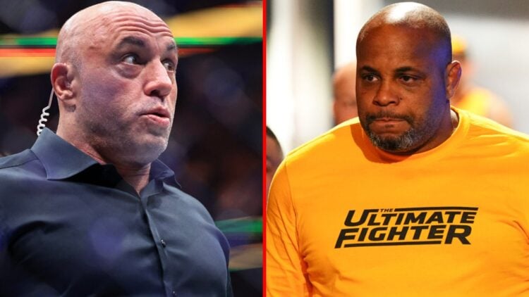 Joe Rogan looks shocked at UFC 319, Daniel Cormier looks serious during TUF 33 filming.
