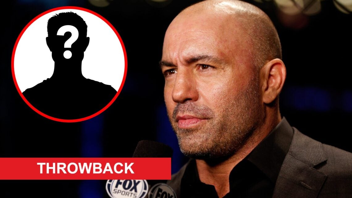 Joe Rogan holding a FOX Sports microphone during the FOX UFC Saturday event, inset mystery icon and throwback banner