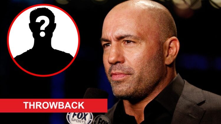 Joe Rogan holding a FOX Sports microphone during the FOX UFC Saturday event, inset mystery icon and throwback banner