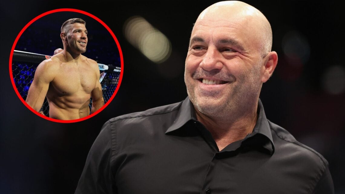 Joe Rogan looks on during UFC 274 in Phoenix, Arizona, inset Dricus du Plessis prepares to face Sean Strickland at UFC 312
