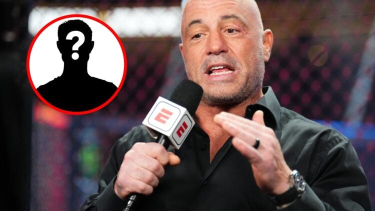 Joe Rogan speaks at UFC 290, inset of a mystery box