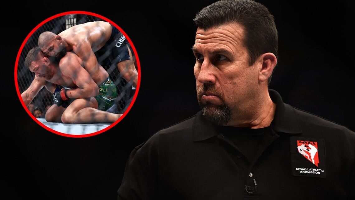 John McCarthy looks on during UFC 207 in Las Vegas, inset Khamzat Chimaev wrestles Dricus du Plessis at UFC 319