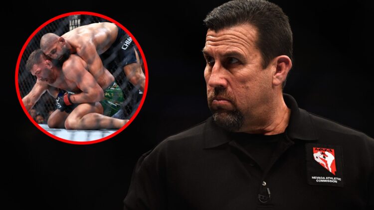 John McCarthy looks on during UFC 207 in Las Vegas, inset Khamzat Chimaev wrestles Dricus du Plessis at UFC 319