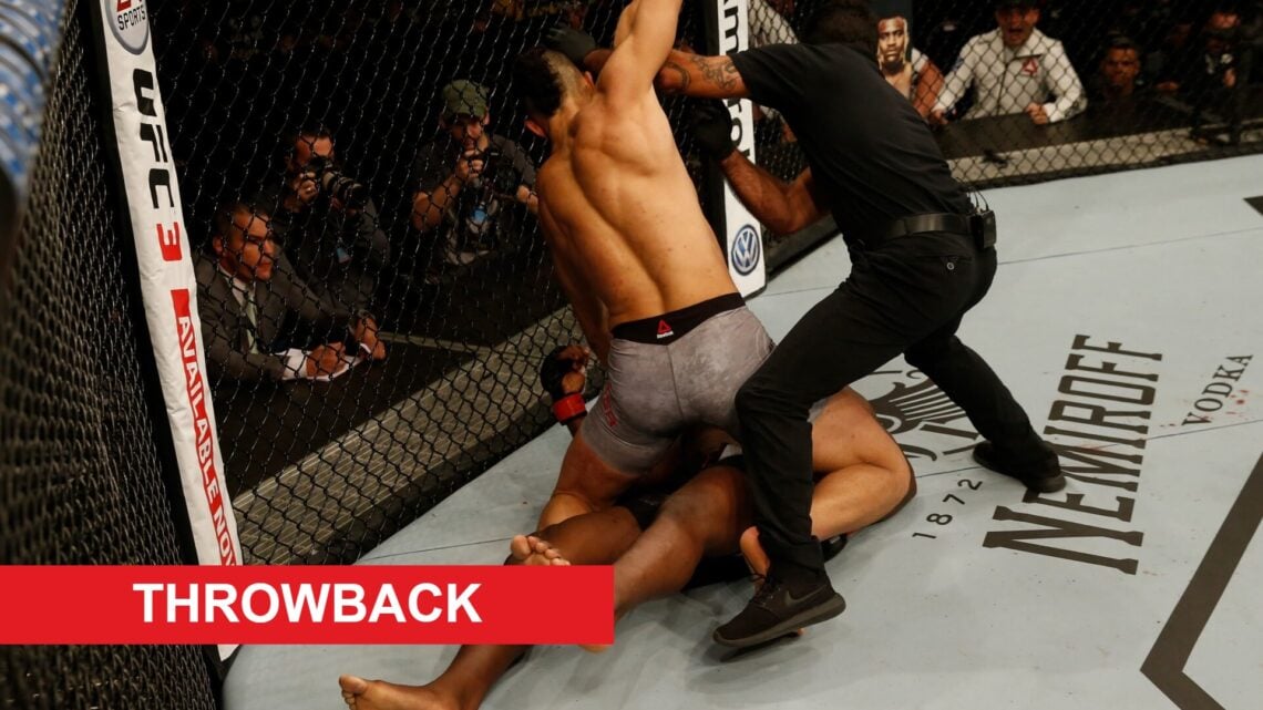 Johnny Walker punches Khalil Rountree Jr. in their UFC fight in 2018, inset throwback banner