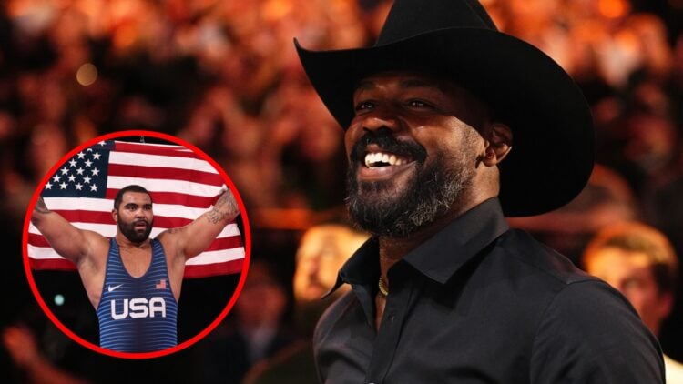 Jon Jones in attendance at UFC 306 at Sphere, inset Gable Steveson holds up the United States flag at the Tokyo 2020 Olympic Games