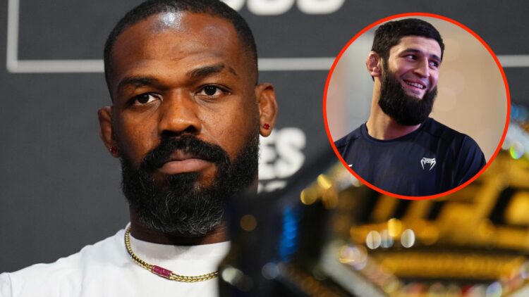 Jon Jones at the UFC 309 press conference with an inset of Khamzat Chimaev at the UFC 308 open workouts