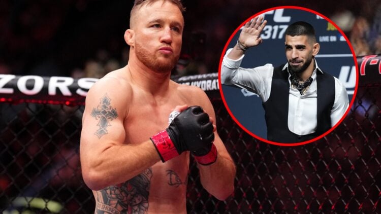 Main: Image of Justin Gaethje entering the Octagon at UFC 313. Inset: Ilia Topuria acknowledges the crowd at the UFC 317 press conference