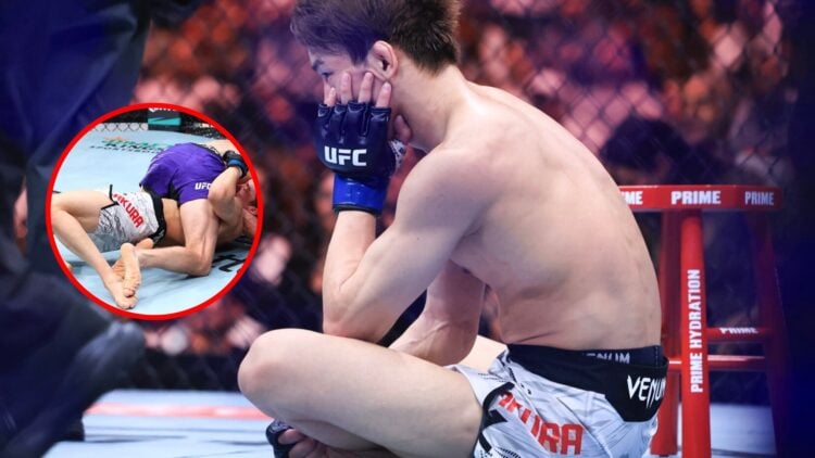 Main: Kai Asakura sits on the canvas moments after getting submitted by Tim Elliott at UFC 319. Inset: Tim Elliott locks in a choke against Kai Asa...
