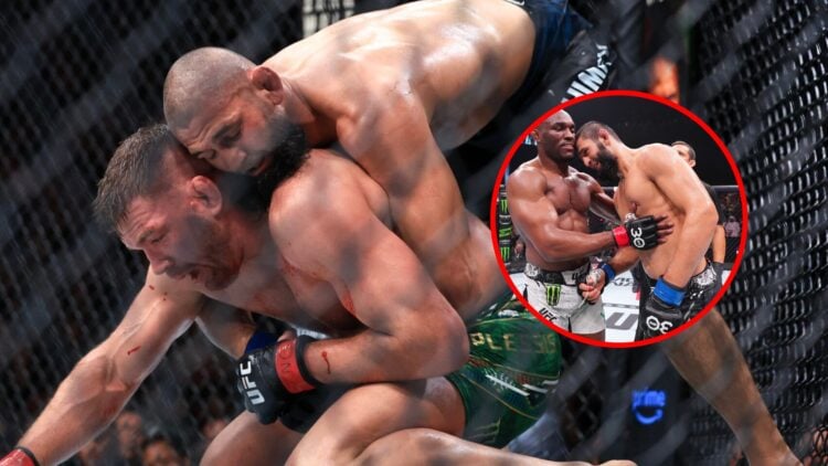 Main: Khamzat Chimaev controls Dricus du Plessis on the ground during their fight at UFC 319. Inset: Kamaru Usman and Khamzat Chimaev interact afte...